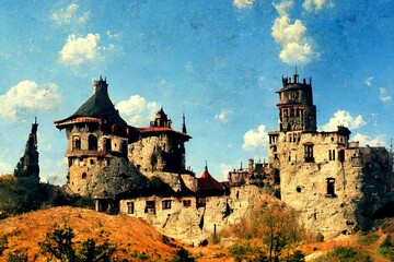 CG illustration of a medieval castle in the countryside.