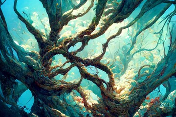 A scene in a forest with blue light and intricately shaped trees.