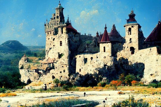 CG illustration of a ruined medieval castle.