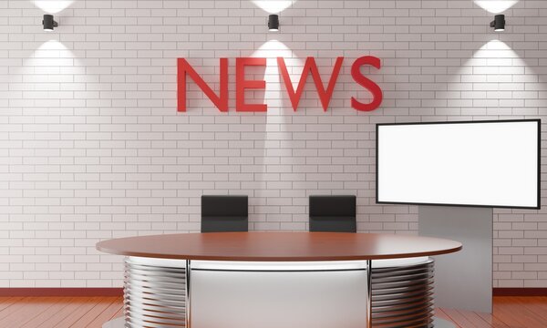 wood table and lcd background in the news studio room.3d rendering.	