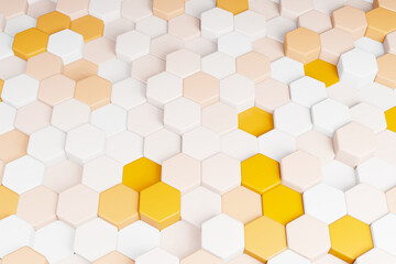Honeycomb mosaic orange and white geometric pattern futuristic background. 3d illustration realistic abstrac wallpaper  hexagon mesh cells texture.