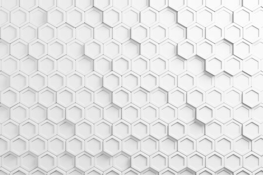 Honeycomb mosaic white geometric pattern futuristic background. 3d illustration realistic abstrac wallpaper hexagon mesh cells texture. © Atiwat