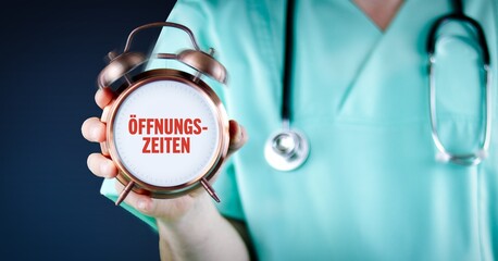 Öffnungszeiten einer Praxis. Arzt zeigt Wecker/Uhr mit Text. Hintergrund blau.