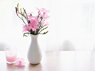 Pink flowers in vase on table Ruellia tuberosa flowering plant ,minnieroot ,fever root ,snapdragon root ,sheep potato ,Ruellia humilis, Mexican petunia ,Britton's wild petunia ,Aphelandra simplex 