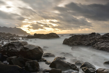 Fototapeta na wymiar Sunset at Benijo beach, Anaga Rural Park, north of Tenerife, Canary Islands, Spain