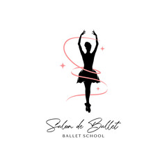 Ballet dancer silhouette with ribbons and skirts logo design template