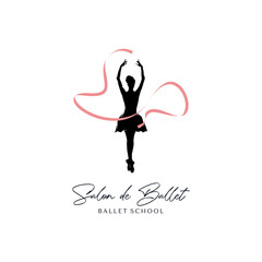 Ballet dancer silhouette with ribbons and skirts logo design template