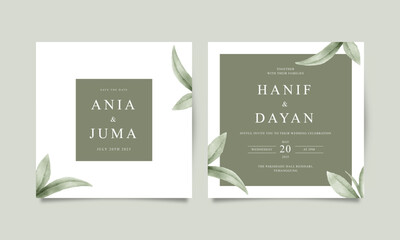 Minimalist wedding invitation card with watercolor leaves