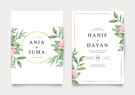 Minimalist wedding invitation template with floral watercolor
