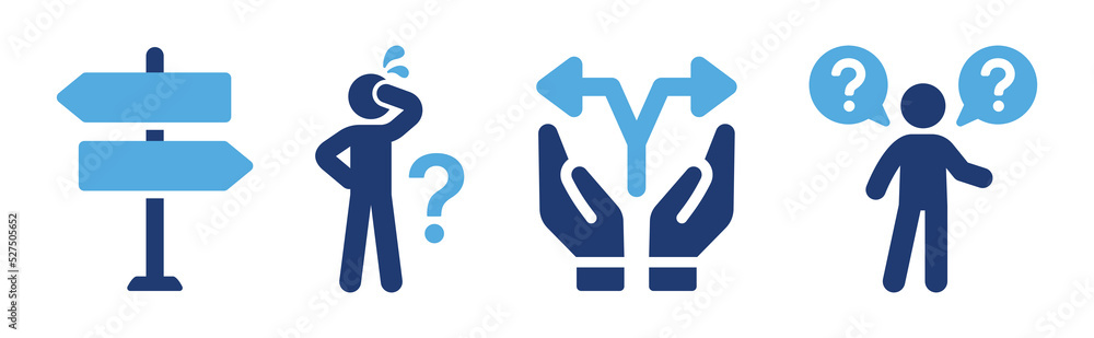 Poster ambiguity icon set. containing confusion, direction sign, decision, problem, complexity and doubt ic