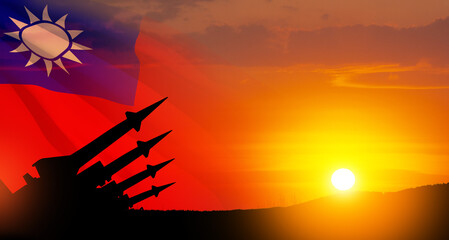 The missiles are aimed at the sky at sunset with Taiwan flag. Nuclear bomb, chemical weapons,...