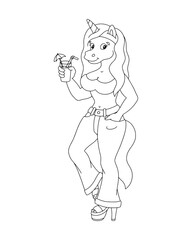 Beautiful girl unicorn. Outline contour. Design element. Vector illustration isolated on white background. Template for books, stickers, posters, cards, clothes.