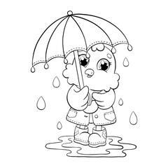 A little cute chicken stands under an umbrella. Coloring book page for kids. Cartoon style character. Vector illustration isolated on white background.