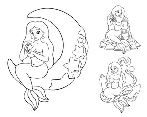 Set of beautiful mermaids. Coloring page for kids. Digital stamp. Cartoon style character. Vector illustration isolated on white background.