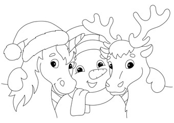 Unicorn, deer and snowman for christmas. Coloring book page for kids. Cartoon style character. Vector illustration isolated on white background.