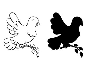 Black silhouette dove. Design element. Vector illustration isolated on white background. Template for books, stickers, posters, cards, clothes.