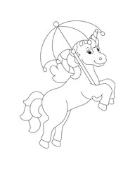 Unicorn with an umbrella. Coloring book page for kids. Cartoon style character. Vector illustration isolated on white background.