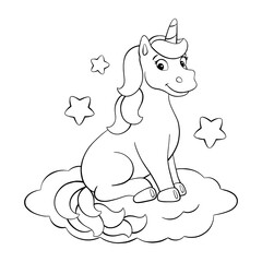Cute unicorn. Coloring book page for kids. Cartoon style character. Vector illustration isolated on white background.