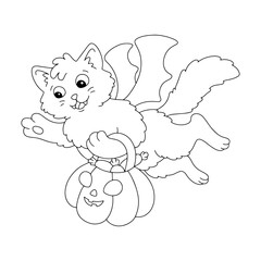 A cute cat carries a pumpkin with sweets in its paws. Halloween theme. Coloring page for kids. Digital stamp. Cartoon style character. Vector illustration isolated on white background.