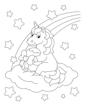 The unicorn sits on a cloud and holds an Easter gift. Coloring book page for kids. Cartoon style character. Vector illustration isolated on white background.