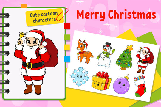 Set of stickers with cute cartoon characters. Winter clipart. Christmas theme. Colorful pack. Vector illustration. Patch badges collection for kids. For daily planner, organizer, diary.