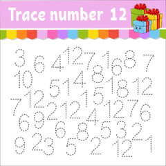 Trace number . Handwriting practice. Learning numbers for kids. Education developing worksheet. Activity page. Christmas theme. Isolated vector illustration in cute cartoon style.