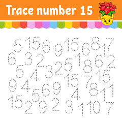 Trace number . Handwriting practice. Learning numbers for kids. Education developing worksheet. Activity page. Christmas theme. Isolated vector illustration in cute cartoon style.