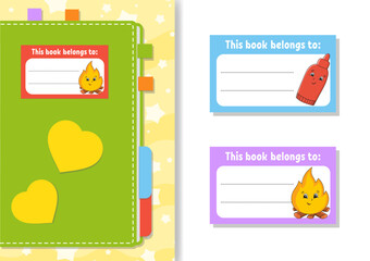 Book label stickers for kids. The rectangular shape. Isolated color vector illustration. cartoon character. For the diary, notebook, book.