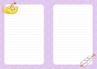 Colored sheet template for notes. Paper page for journal, notebook, diary, letters, schedule, organizer. Cute cartoon character. Lined sheet. Vector illustration. Barbecue theme.