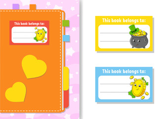 Book label stickers for kids. The rectangular shape. Cartoon character. For the diary, notebook, book. Isolated on white background. Vector illustration.