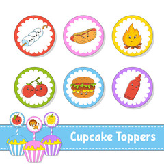 Cupcake Toppers. Set of six round pictures. Barbecue theme. cartoon characters. Cute image. For birthday, baby shower.