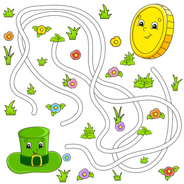 Funny maze for kids. Puzzle for children. cartoon character. Labyrinth conundrum. St. Patrick's Day. Color vector illustration. Find the right path.