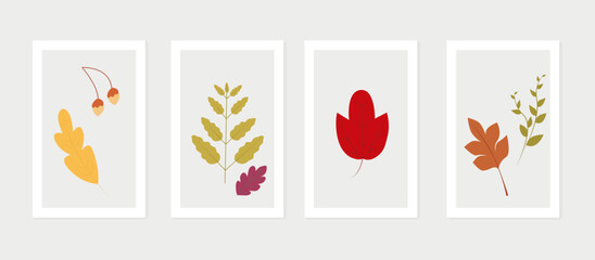 Autumn wall art vector set. Leaf illustration abstract minimalist design for wallpaper, cover, print, picture. Flat style.