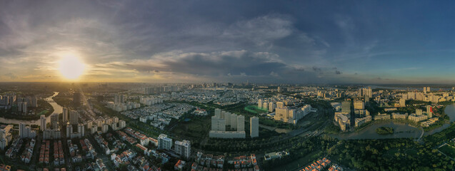 Epic Aerial Sunset panorama of Ho Chi Minh City and skyline  from Phu My Hung with new developments and environment.