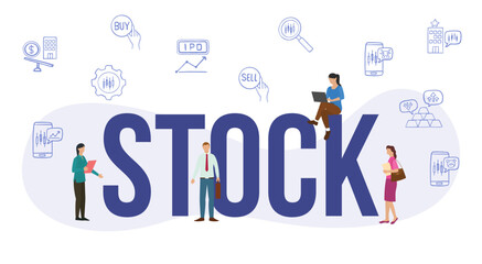 stock market business concept with big word or text and people with modern flat style