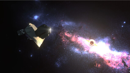 james webb space telescope orbiting near black hole. 8k illustration 3d rendering