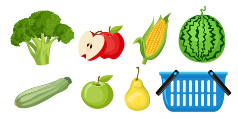 Collection set of food objects vegetable fruit apple water melon pear corn cauliflower zucchini