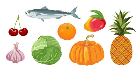 Collection set of food obejcts fish garlic pumpkin mango pineapple cherry orange cabbage