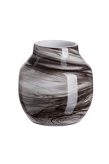 Subject shot of a handmade gray and white vase made of tinted glass with a unique pattern. The designer vase is isolated on the white background. 