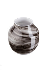 Subject shot of a handmade gray and white vase made of tinted glass with a unique pattern. The designer vase is isolated on the white background. 