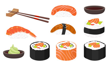 Collection set of cartoon food Japanese sushi