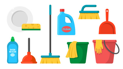 Collection set of cleaning tool broom mop bucket dustpan sponge brush detergent rag - obrazy, fototapety, plakaty