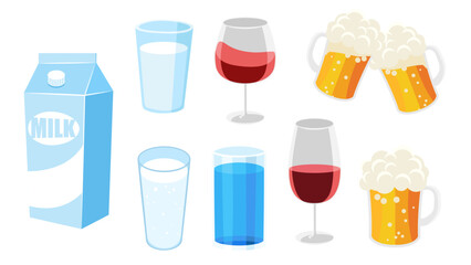 Collection set of drink object milk water glass red wine goblet beer