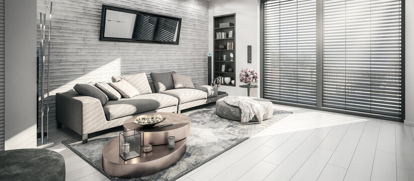 Sofa in einem sonnigen Wohnzimmer - panoramische 3D-Visualisierung
