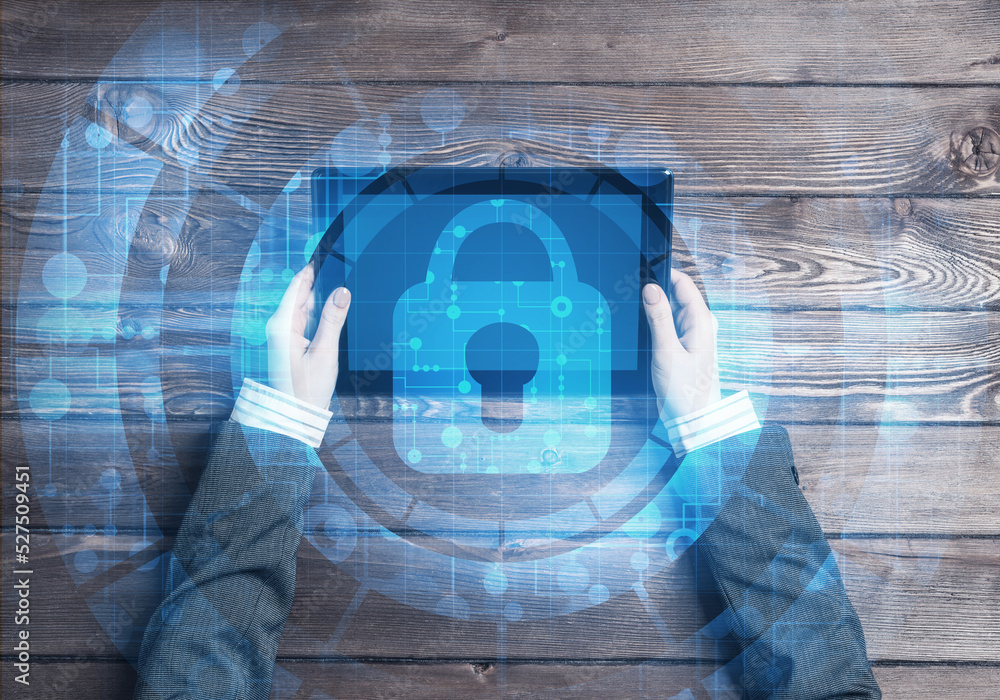 Poster concept of computer access with media lock icon on tablet screen
