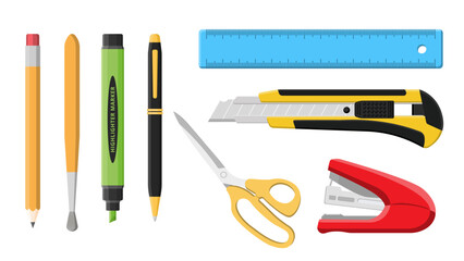 Collection set of stationery obejct pen pencil highlight pen scissors knife ruler stapler - obrazy, fototapety, plakaty
