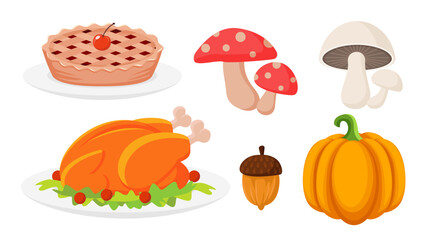 Collection set of food object for Autumn pumpkin roast turkey mushroom chestnut cherry pie