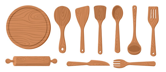 Collection set of wooden kitchenware plate cutting board fork rice spatula spoon rolling pin - obrazy, fototapety, plakaty