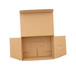 Opened small empty cardboard box isolated on white, top view