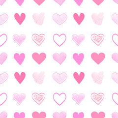 Hand drawn background with colored hearts. Seamless grungy wallpaper on surface. Abstract texture with love signs. Lovely pattern. Line art. Print for banner, flyer or poster. Colorful illustration